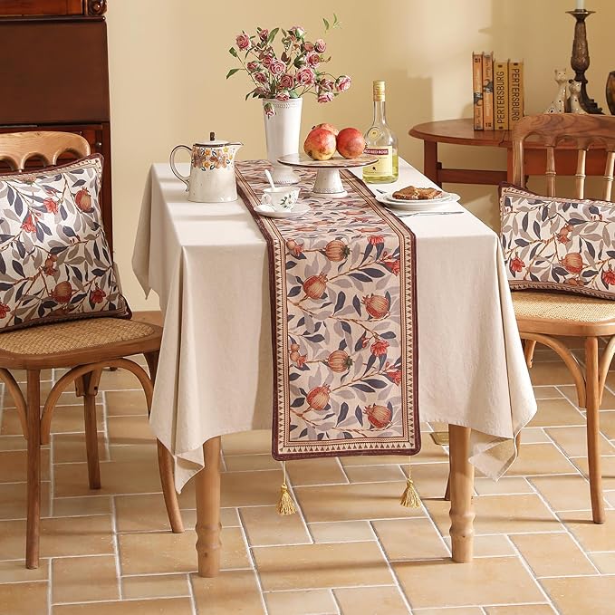 patdrea Designer Vintage SaddleBrown Linen Table Runner 102 Inch Long, Pomegranates Pattern Table Mat, Decoration for Kitchen Dining Table Coffee Table Shelf Cabinet Banquet Christmas ,12"*102"