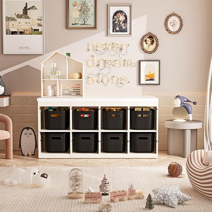 8 Pack Black Storage Bins with Lids for Shelves, Plastic Storage Containers with Lids for Organizing, Stackable Storage Boxes with Handle, Black Storage Bins for Classroom, Craft, Snacks