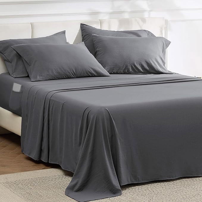 Bedsure Deep Pocket King Sheet Set - 6 Piece, Prewashed Ultra-Soft King Size Sheets Set, Fits Mattresses Up to 18 Inches Thick, Breathable & Secure Fit, Hotel Luxury Bedding, Grey