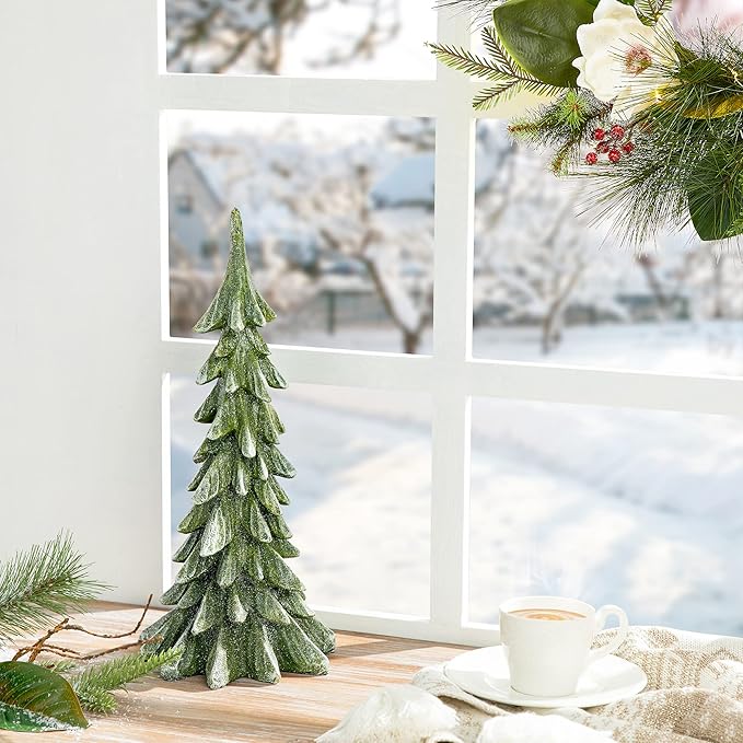 glitzhome Hand-Painted Resin Christmas Tree Tabletop Xmas Holiday Centerpiece Decoration, 14.75" H, Green