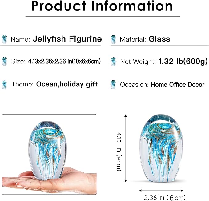 EUSTUMA Hand Blown Glass Jellyfish Figurine Ornament,Sea Animal Ornament for Fish Tank Aquarium,Sea Animals Collection for Birthday Gift,Office Glass Paperweight for Desk.