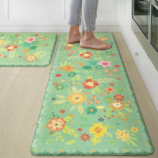 GENIMO Kitchen Mats for Floor 2PCS, Cushioned Kitchen Rugs Non Slip Washable, Farmhouse Anti Fatigue Mat Waterproof, Comfort Standing Mat Rug for Office, Home, Laundry, 17.3"x47"+17.3"x30", LightGreen