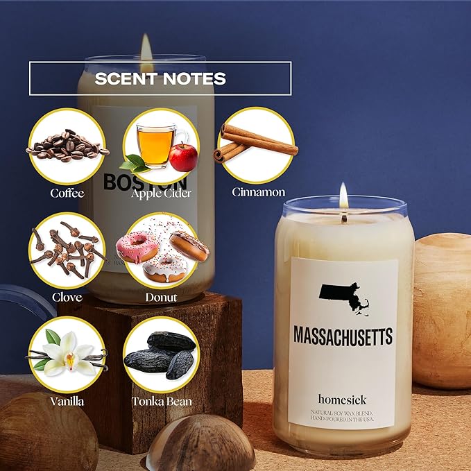 Homesick Scented Candles for Home (Massachusetts) - 13.75 oz Long-Lasting Soy Wax Jar Candle for Women & Men for All Occasions, 60-80 Hours Burn Time - Notes of Coffee & Apple Cider