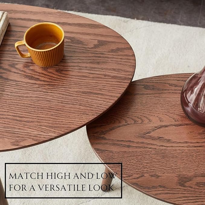 100% Solid Oak Wood Nesting Coffee Table,Mid Century Modern Oval Coffee Tables Set, Round Tables for Living Room, Pebble Side Table for Balcony (Walnut, Combine)