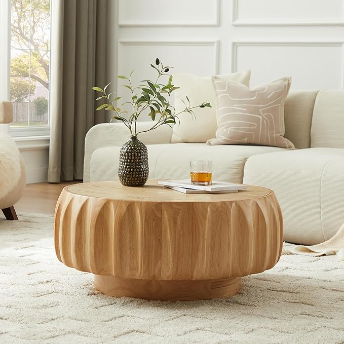31.5" Round Wood Coffee Table - Mid Century Modern Solid Wood Coffee Tables with Fluted Design for Living Room, Small Space, Apartment