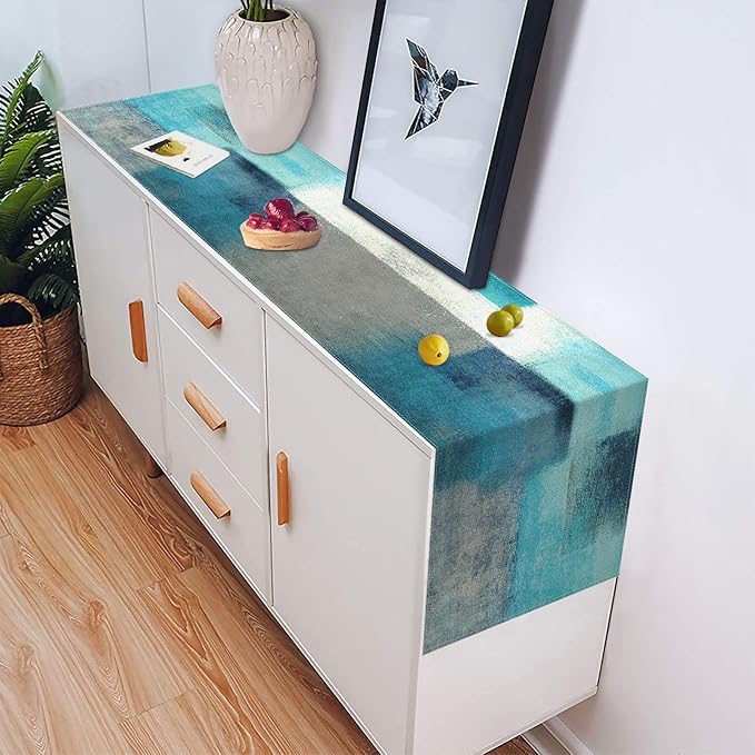 Emvency Farmhouse Table Runner, Modern Teal and Grey Abstract Art Painting for Kitchen Coffee Table Family Dinners Holiday Parties Wedding Events Decor(13x72 inch)