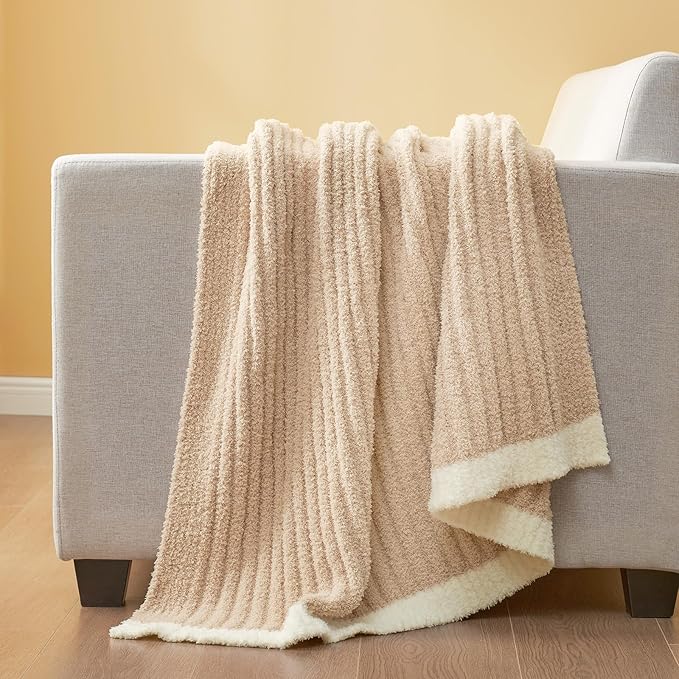 Snuggle Sac Soft Ribbed Beige Throw Blanket for Couch, Luxurious Fluffy Cozy Knit Throws for All Season, Reversible Warm Microfiber Netural Blankets for Couch, Sofa, Travel, Beige, 50x60 inches