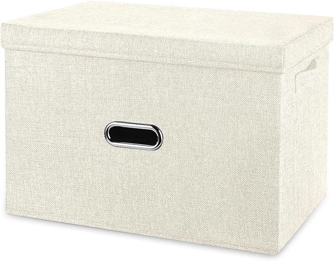 Large Linen Fabric Foldable Storage Bins with Removable Lid and Handles, Washable Storage Box Organizer Containers Baskets Cube with Cover for Bedroom,Office(Cream, Extra Large)