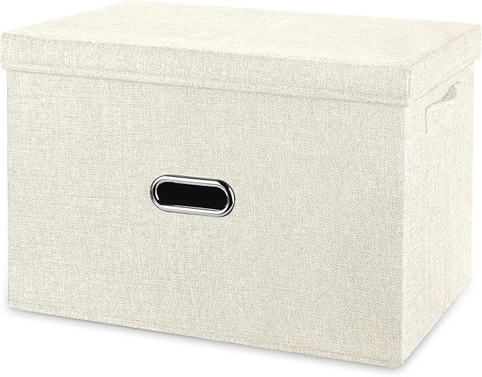 Large Linen Fabric Foldable Storage Bins with Removable Lid and Handles, Washable Storage Box Organizer Containers Baskets Cube with Cover for Bedroom,Office(Cream, Large)