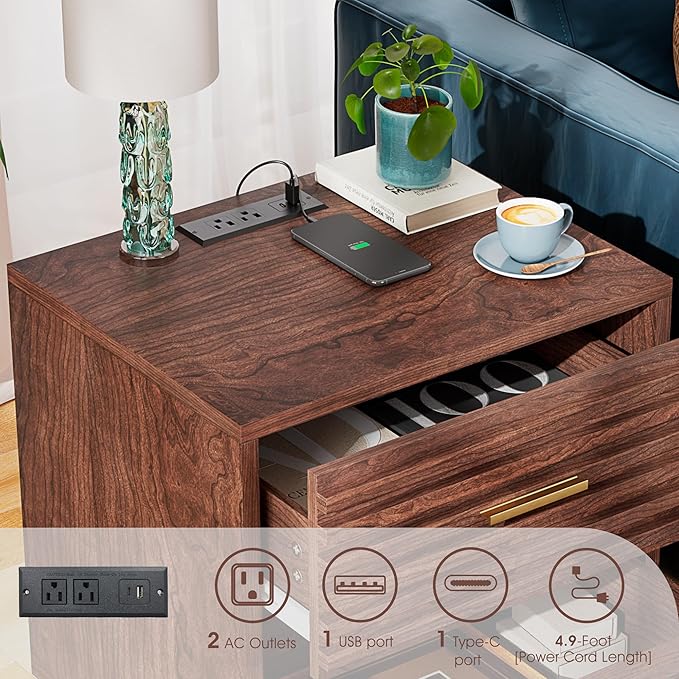 Alohappy Night Stand with Charging Station, Bedside Table with 2 Drawers, Mid Century Modern End Table, Bed Side Table with USB Ports and Outlets, Nightstand for Bedroom, Brown 1pc