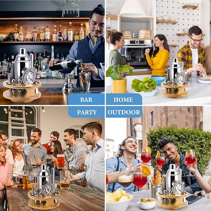 Cocktail Shaker Set 12-Piece, 25 OZ Food Grade Stainless Steel Cocktail Shaker Mixology Bartender Kit with Rotating Stand, Bar Set Essential for Beginners and Professionals at Home or Parties