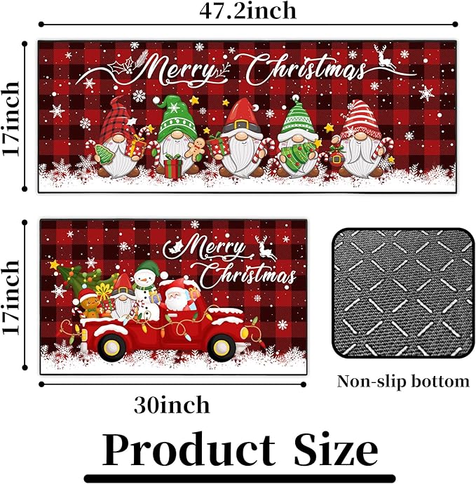 2 Piece Buffalo Plaid Christmas Gnome Themed Kitchen Rug Set, Soft and Absorbent Non-Slip Kitchen Floor Mats, Winter Merry Christmas Decor 17x30+17x47 Inches