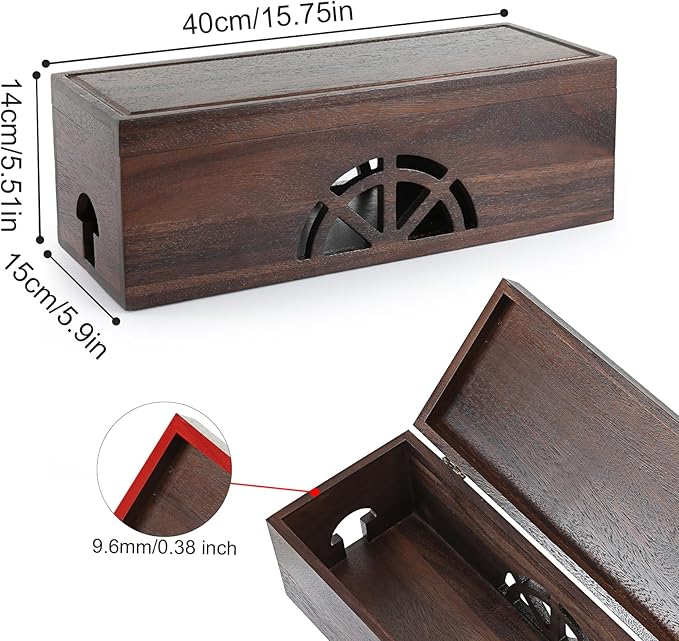 Wood Cable Management Box - 15.8" (L) x 6" (W) 5.5" (H) Walnut Wood Cable Hider Box, Cord Hider with Magnet Design & Outlet Hole, Power Strip Surge Protect & Organizer for Home Office Kitchen TV Wires