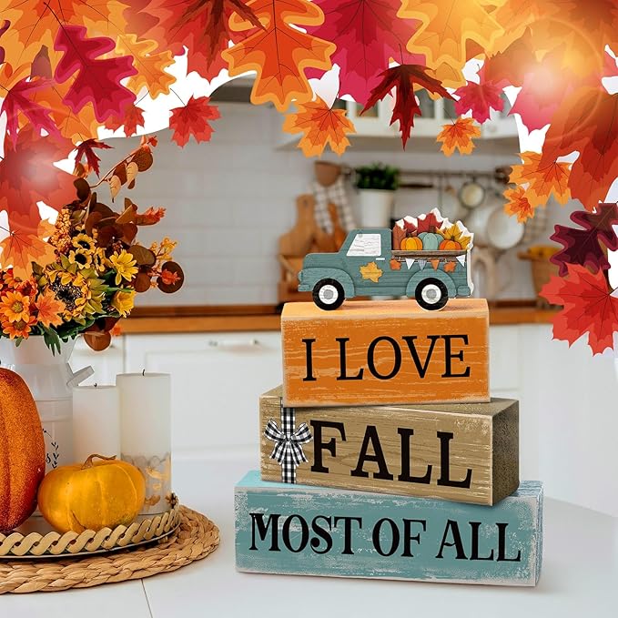 4 Pcs Fall Decoration for Home Fall Truck Decor Autumn Tiered Tray Decor Rustic Wooden Truck Block Sign Gift Thanksgiving Centerpiece Autumn Table Decorations for Harvest Party Kitchen Home