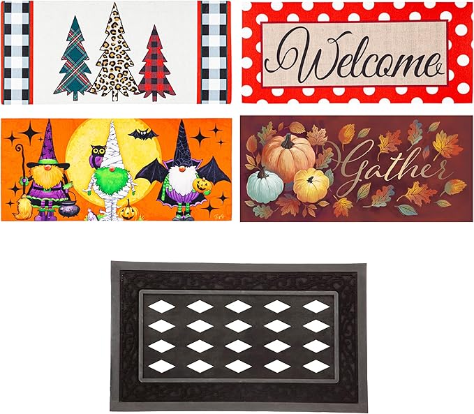 Evergreen Sassafras Fall Christmas Holiday Doormat Insert Bundle & Tray Set of 5, Interchangeable Entrance Door mats Indoor and Outdoor Welcome Mat 30 x 18 Tray Non Slip Backing Low Profile