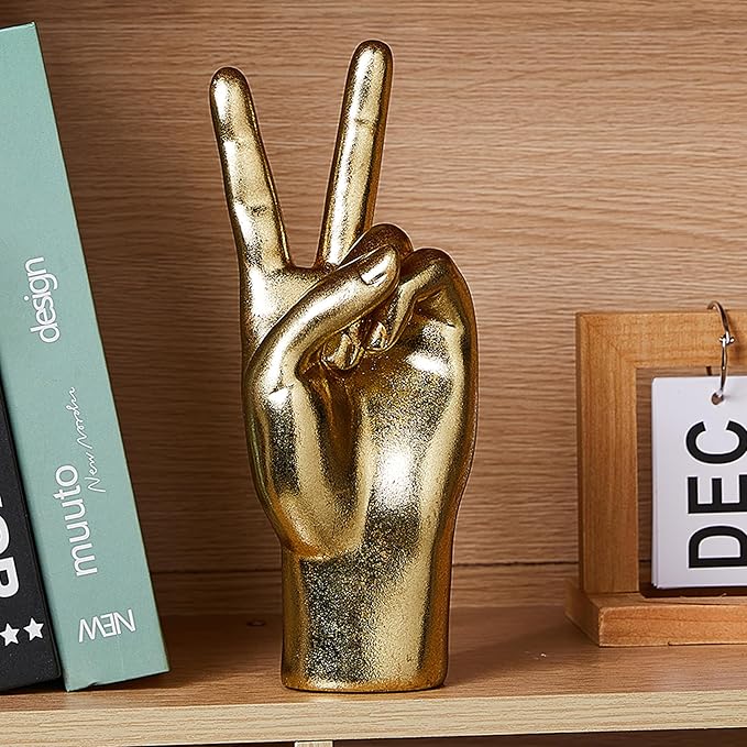 Gold Decor Peace “Victory” ASL Hand Sign, Classic Gesture Hand Sculpture 8.46 Inch Figurine