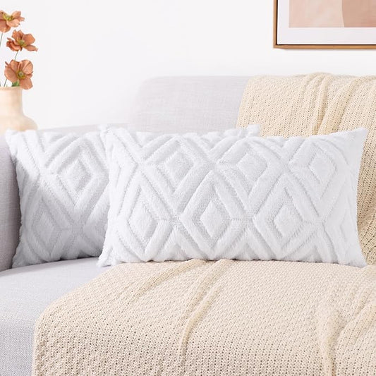 decorUhome Couch Throw Pillow Covers 12x20 Set of 2, Decorative Soft Plush Faux Wool Lumbar Neutral Accent Pillow Covers for Bed Sofa Living Room, Pure White