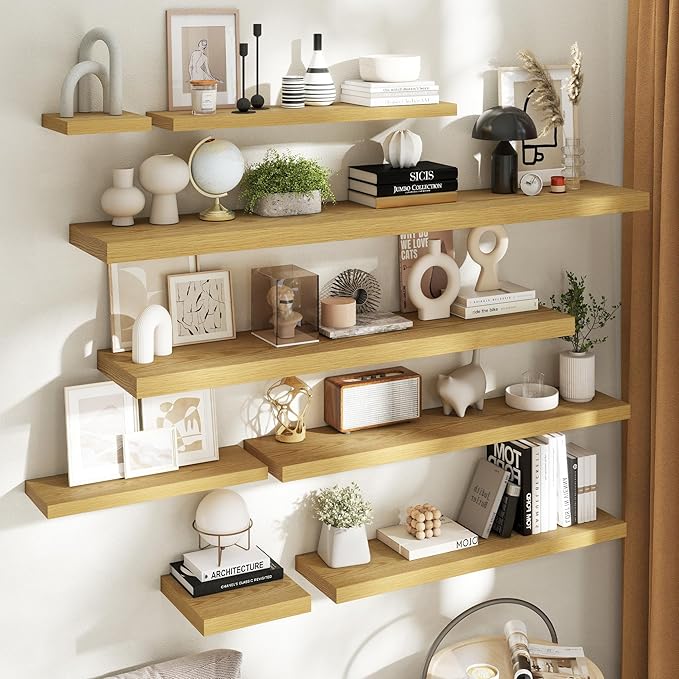 Floating Shelves for Wall with Invisible Brackets, Wall Mounted Engineered Wood Shelves with Wood Grain for Living Room, Bedroom, Bathroom, Kitchen Decor and Storage, Oak, 40"L Set of 2, Oak