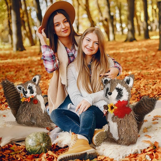 Namalu 2 Pack Raccoon Sisal Fall Decor Thanksgiving Decoration Indoor Sisal Figurine for Home Table Centerpieces Cute Handmade Fall Woodland Animal Statue for Autumn Harvest Office Cozy Shelf Decor