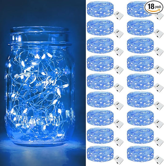 btfarm 18 Pack Fairy Lights Battery Operated [3 Modes], 7ft 20 Led Twinkle Lights String Lights Waterproof Bulk Small Mini Silver Wire for Mason Jars Vases Wedding Table Centerpiece, Blue