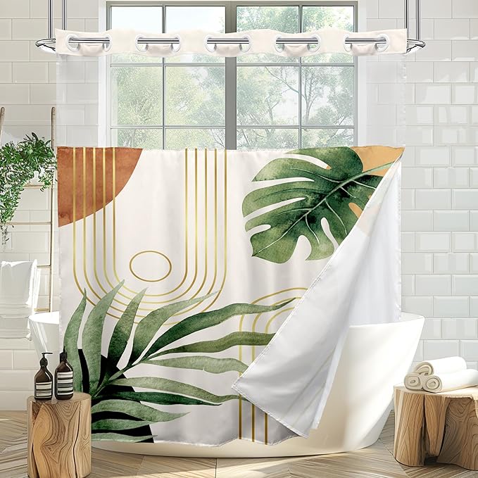 Glawry No Hook Shower Curtain with Snap in Liner, Boho Green Modern Mid Century Tropical Palm Leaf Abstract See Through Mesh Top Window Curtains 70Wx72L Inches Bath Accessories Art Home Decor Fabric