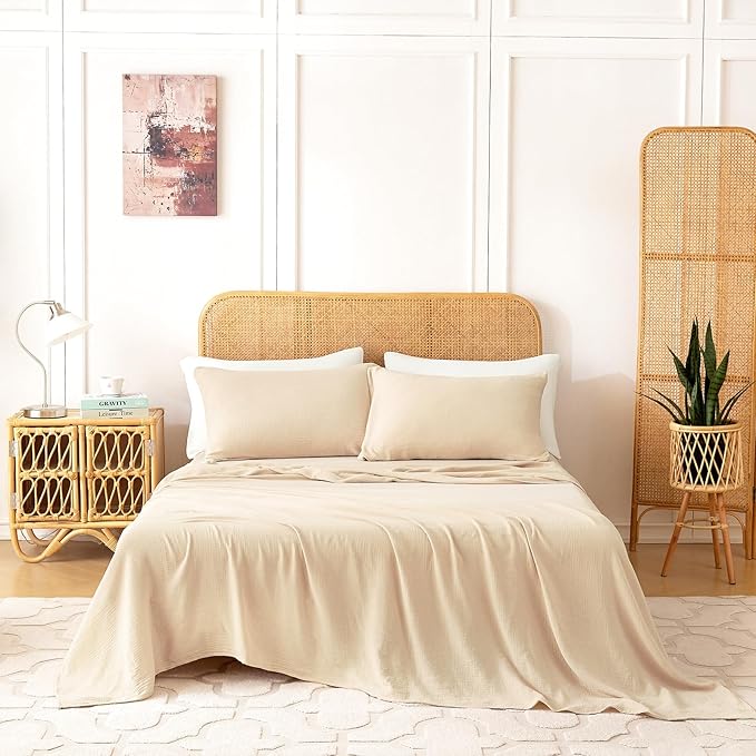 Twin Sheets Set 100% Cotton Bed Sheets Gauze 3 Pcs Linen Like Textured Beige Fall 16" Deep Pocket Sheet & Pillowcase Sets Boho Muslin Soft Bedding Sets for All Season Machine Wash