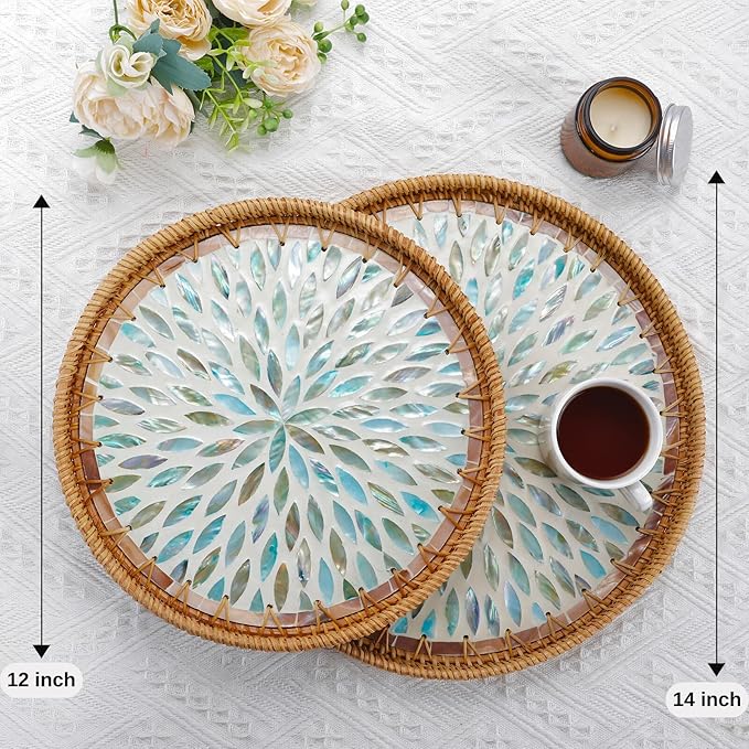 Rattan Serving Tray with Mother of Pearl, Round Coffee Table Tray Decor, Boho Decorative Round Hand-Woven Wicker Home Decor (Galaxy Blue, 12 inch)