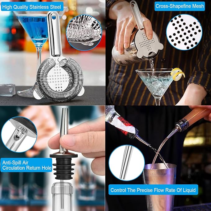 Cocktail Shaker Set with Stand,Cocktail Kit,Bartender Kit with 10 Piece Bar Tool Set,Matini Shaker,Mixing Spoon,Jigger,Strainer,Muddler,Corkscrew for Barware Set and Other Bar Tools (Black Bamboo)