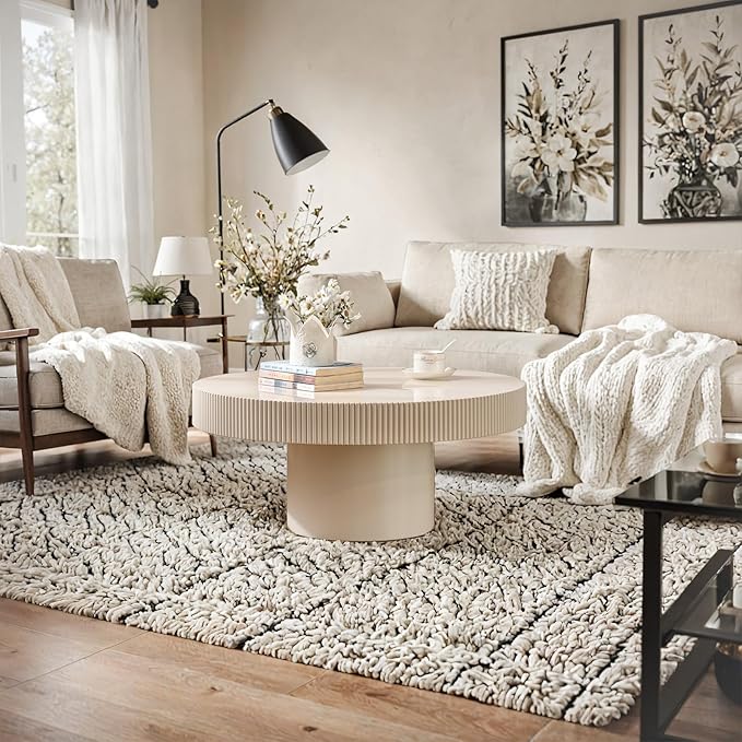 Modern Wood Coffee Table - Handcraft Drum Coffee Tables with Sturdy Base, Easy Assembly, Contemporary Style Small Coffee Table Tea Table for Living Room, Bedroom, Office (White Thin)