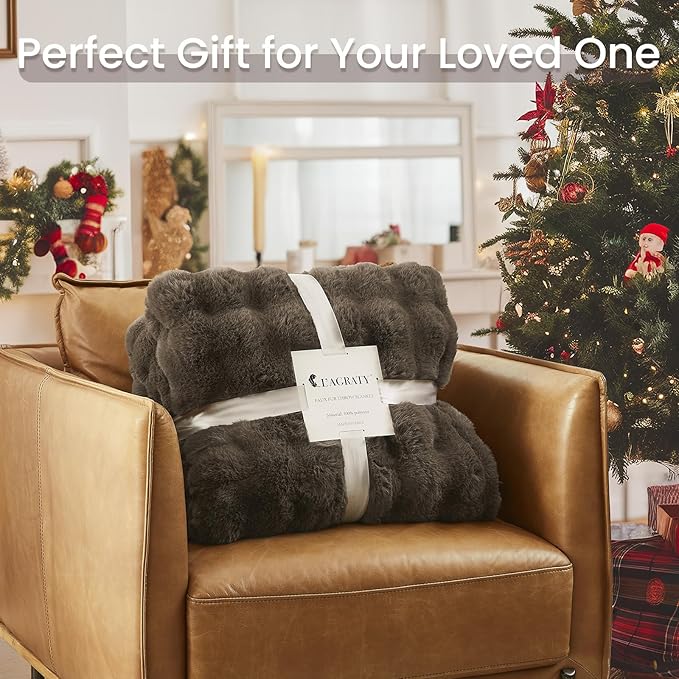 L'AGRATY Faux Rabbit Fur Blanket: 90" x 90" Queen Luxury Soft Fluffy Thick Fur Throw Blanket for Couch Bed Sofa - Cozy Plush Bubble Blankets for Winter: Flannel Fleece Decorative Blanket(Cocoa Brown)