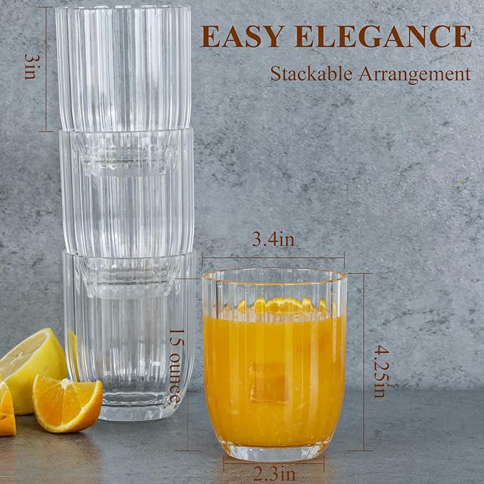 Acrylic Clear Highball Plastic Cups | Plastic Reusable Tumblers 15oz (Set of 6) | Stackable | BPA-free Tumblers | Shatterproof | Top-rack Dishwasher Safe