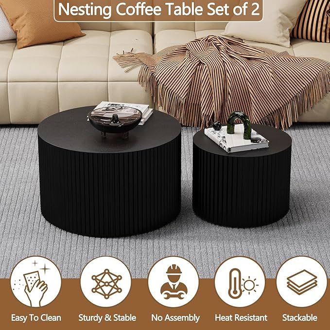 Nesting Coffee Tables Set of 2 Wooden Round Coffee Table Circle Nesting Table Space-Saving Design Modern Coffee Table Round Accent Tables Set for Living Room Bedroom Office (Black D18.9+D15)