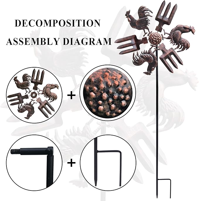 39" Rooster Wind Spinner Garden Stake-Farm Outdoor Metal Stake Yard Spinners-Wind Sculpture Yard Art Decorations for Patio,Lawn & Garden