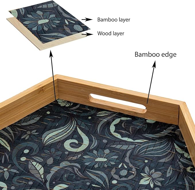 PEMAR 15.7" Hexagonal Bamboo Tray for Serving Coffee, Breakfast, Bread, Food, Art Decor. Decorative Pattern Tray for Coffee Table, Kitchen Counter, Vanity, Bedroom, Ottoman, Home Decor (Turquoise)