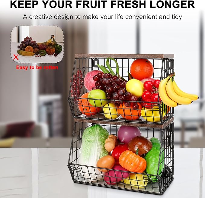 Livabber Fruit Basket for Kitchen, Metal Fruit Vegetable Storage Bin with 2 Banana Hangers, Countertop Wire Basket Organizer for Snack Potato Onion, Screw Mounted or Stand (Black, 2 Pack)