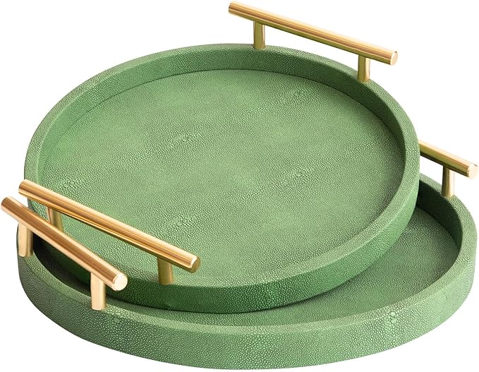 Faux Shagreen Tray, Set of 2 Round Decorative Tray with Gold Polished Metal Handles, Serving Trays Coffee Table Ottoman Trays for Living Room Bathroom Vanity Home Decor (Green)