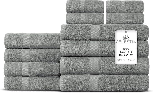 100% Cotton Bath Towel Set of 12-4 Bath Towels, 4 Hand Towels, 4 Wash Cloths, Sustainable, Soft, Highly Absorbent, Combed Cotton 12 Piece Set for Hotels, Spa, Bathroom, Dorm, Grey