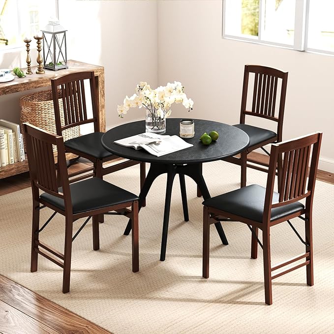 COSTWAY Folding Dining Chairs Set of 2, Wooden Kitchen Side Chairs w/Padded Seat, Solid Wood Frame, 400 LBS Load Bearing, No Assembly Needed, Vintage Foldable Chairs for Dining Room, Living Room