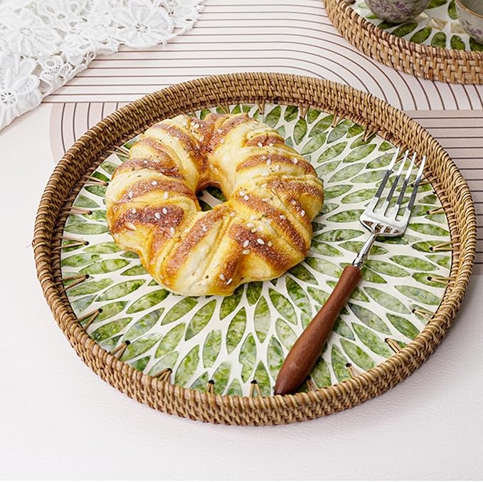Shellac Rattan Tray with Mother of Pearl Inlay, Round Decorative Serving Tray for Home Décor Coffee Table Storage and Display, 100% Natural Materials（2 Set）