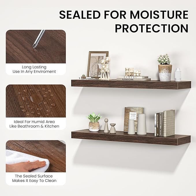 Floating Shelves for Wall, 24" W x 6.7" D x 1.5" H, Wooden Wall Mounted Display Shelves with Invisible Brackets for Living Room, Bedroom, Bathroom, Kitchen Decor and Storage, Set of 2, Walnut