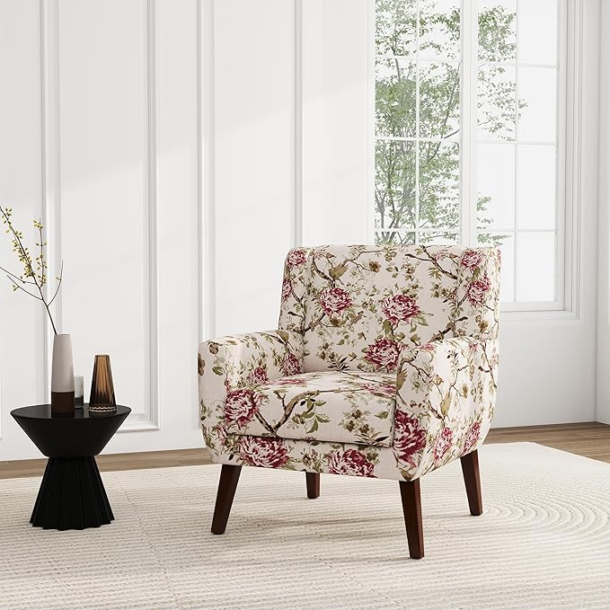 UIXE Floral Accent Chair, Modern Upholstered Armchair in Fabric for Living Room, Comfy Club Arm Chairs Single Sofa Button Tufted Bedroom Reading Seat - Pattern Floral, Set of 1