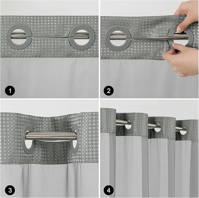 Colorful Star No Hook Shower Curtain with Snap in Fabric Liner, Waffle Weave Heavy Duty Thick Shower Curtains with Mesh Top Window, Hotel Style Waterproof Bathroom Curtain Set, 72 x 81 Inch, Grey