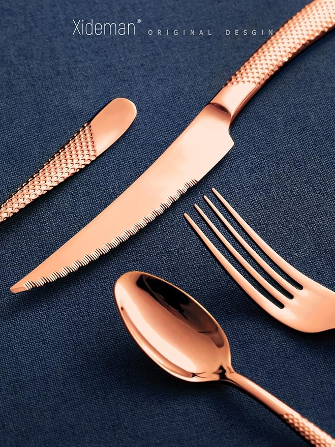 16-Piece Modern Copper Hammered Silverware Set with Ultra Sharp 2-IN-1 Serrated Knife, Rose Gold 18/10 Stainless Steel Flatware Set, Utensil Cutlery Set for 4 Person, Forks Spoons Knives Set