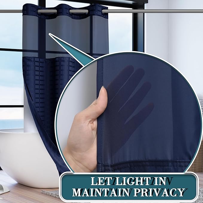 Conbo Mio Stall No Hook Shower Curtain with Snap in Liner Set, Hotel Luxury Navy Blue Shower Curtains for Bathroom with See Through Top Window, Waterproof, Washable 36W x 74H