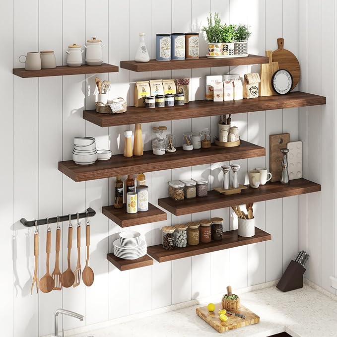 Floating Shelves for Wall with Invisible Brackets, Wall Mounted Engineered Wood Shelves with Wood Grain for Living Room, Bedroom, Bathroom, Kitchen Decor and Storage, Oak, 55"L Set of 2, Walnut