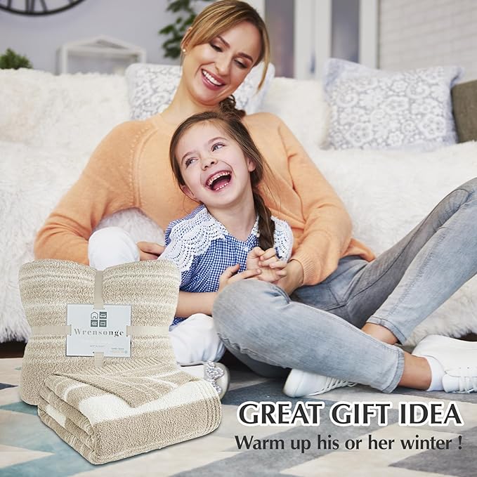 WRENGONGE Khaki Throw Blanket, 60x80 Soft Cozy Striped Throw Blankets for Couch, Sofa, Bed, Travel, Lightweight Fluffy Warm Plush Decorative Blankets for Women, Men,Kids Gift