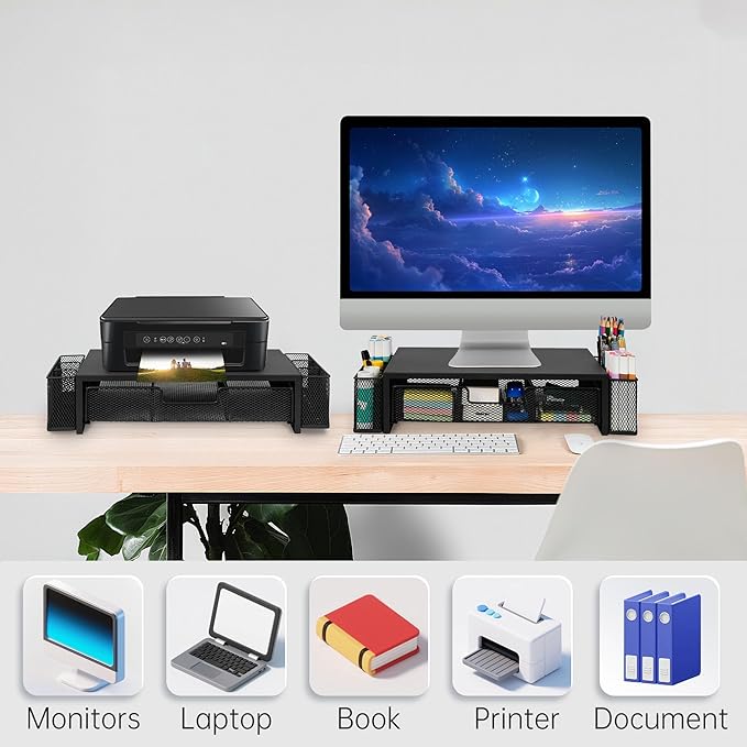 Computer Monitor Stand Riser with Drawer and Pen Holders, Desk Organizer Shelf and Accessories, Office Desk Accessories, Office Organization, Black