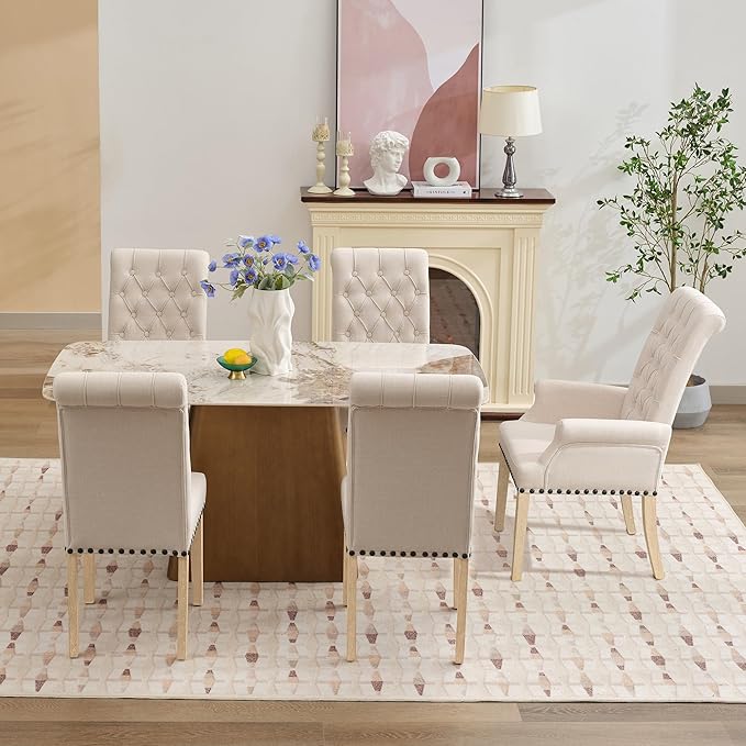 AODCHR Upholstered Fabric Accent Dining Chair Set of 5, Elegant Tufted Dining Room Chair, Kitchen Room 1 Arm Chair with 4 Armless Chairs, Beige