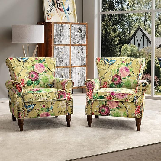 HULALA HOME Modern Wingback Accent Chairs Set of 2 with Wood Legs & Removable Cushion, Comfy Upholstered Armchairs with Nailhead Trim, Floral Pattern Sofa Chairs for Bedroom Living Room, Mustard
