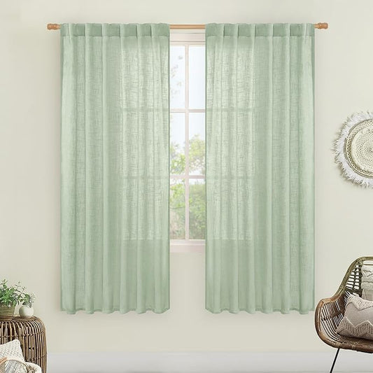 LAMIT Fresh Green Linen Boho Curtains 68 inch Length 2 Panels, Light Filtering Semi Sheer Panels Back Tab and Rod Pocket Neutral Drapes for Bedroom/Living Room, 52 x 68 Inch